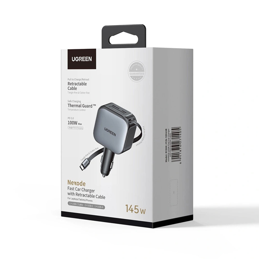 Ugreen - Car Charger EC604 (55910B) - with Retractable USB-C Cable, Dual-Port, 145W, 70cm - Black