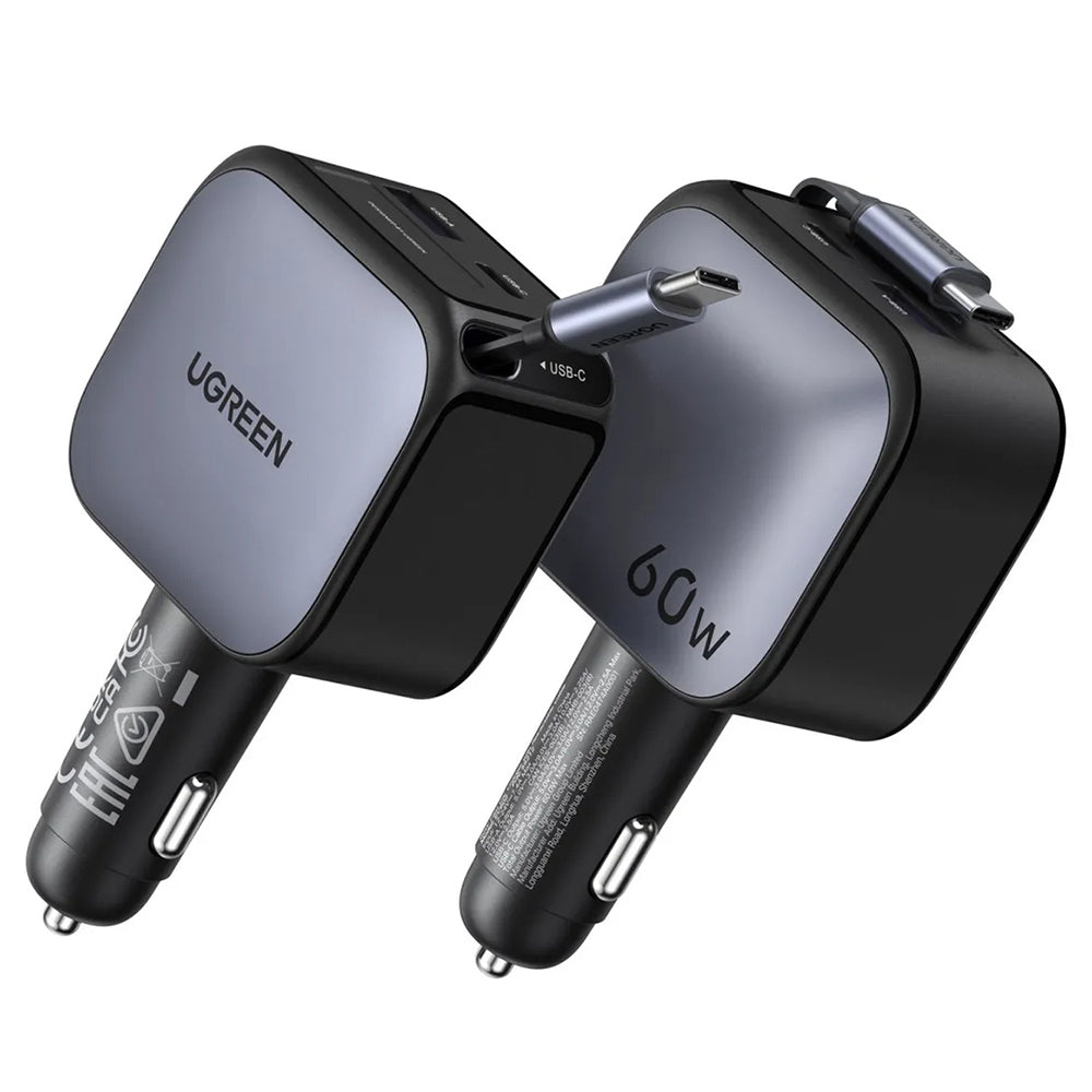 Ugreen - Car Charger EC602 (55212B) - with Retractable USB-C cable, USB, Type-C, 60W - Gray