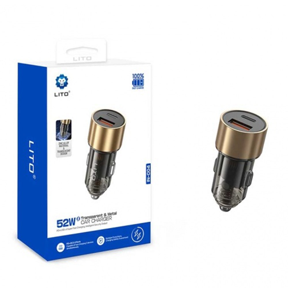 Lito - Car Charger (IN-C04) - 1x USB, 1x Type-C, 52W, Fast Charging, Ultra-Mini & Sleek Design, Universal - Black