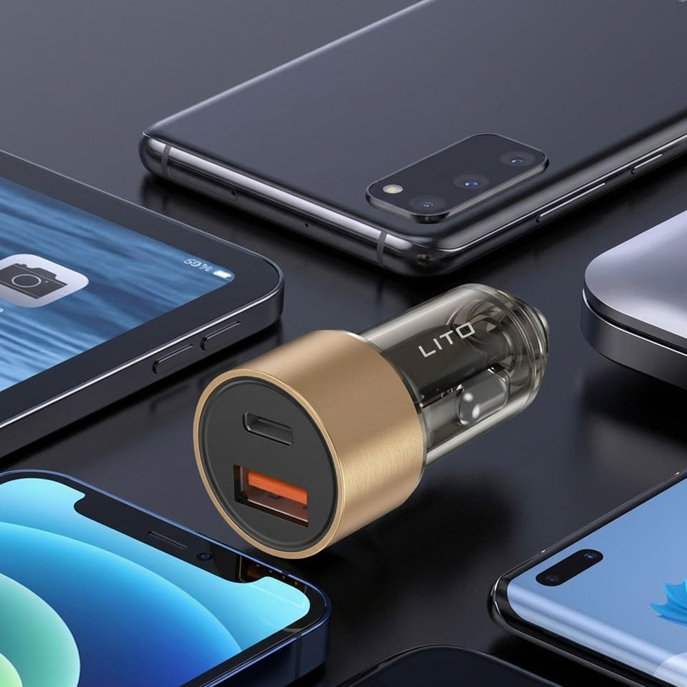 Lito - Car Charger (IN-C04) - 1x USB, 1x Type-C, 52W, Fast Charging, Ultra-Mini & Sleek Design, Universal - Black