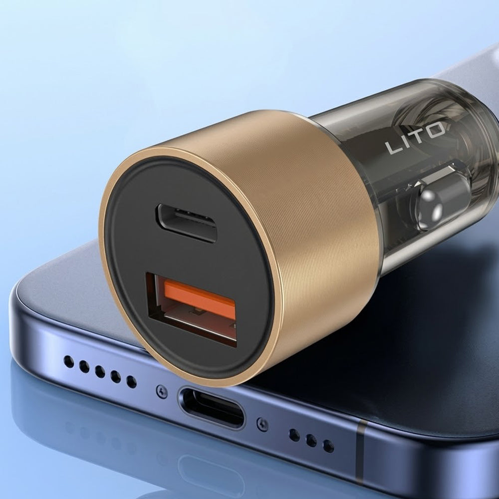 Lito - Car Charger (IN-C04) - 1x USB, 1x Type-C, 52W, Fast Charging, Ultra-Mini & Sleek Design, Universal - Black