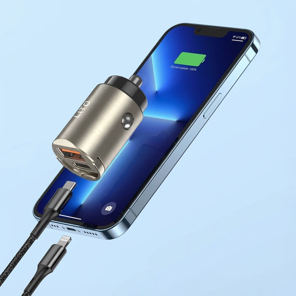 Lito - Car Charger (IN-C03) - 1x USB, 1x Type-C, 30W, Fast Charging, Ultra-Mini & Sleek Design, Universal - Black