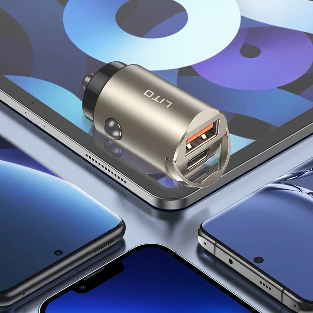 Lito - Car Charger (IN-C03) - 1x USB, 1x Type-C, 30W, Fast Charging, Ultra-Mini & Sleek Design, Universal - Gunmetal
