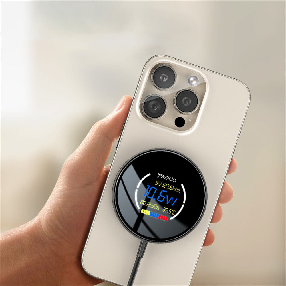 Yesido - Wireless Charging Station (DS28) - Magnetic Grip, Digital Display, Fast Charging, 15W, Type-C Cable, 1.2m - Bla