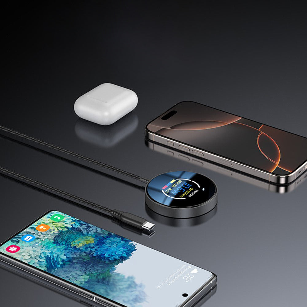 Yesido - Wireless Charging Station (DS28) - Magnetic Grip, Digital Display, Fast Charging, 15W, Type-C Cable, 1.2m - Bla