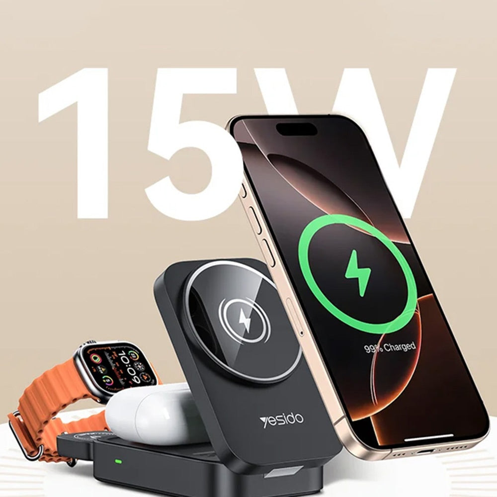 Yesido - Wireless Charging Station 3in1 (DS27) - for iPhone, Apple Watch, AirPods, Magnetic, Foldable, Holder, 15W - Bla