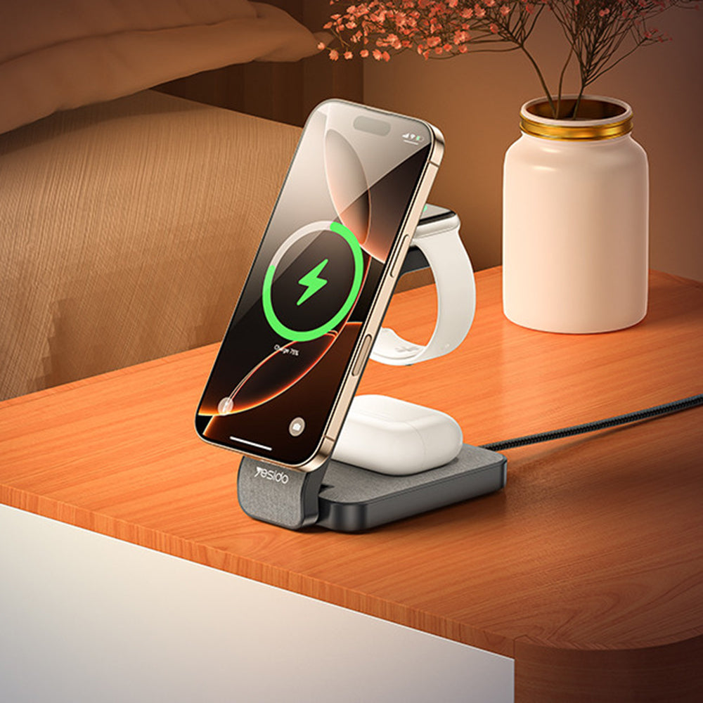Yesido - Wireless Charging Station (DS26) - Magnetic, for Phone, Watch, Earbuds, Foldable, Stand, Night Light, 15W - Gre