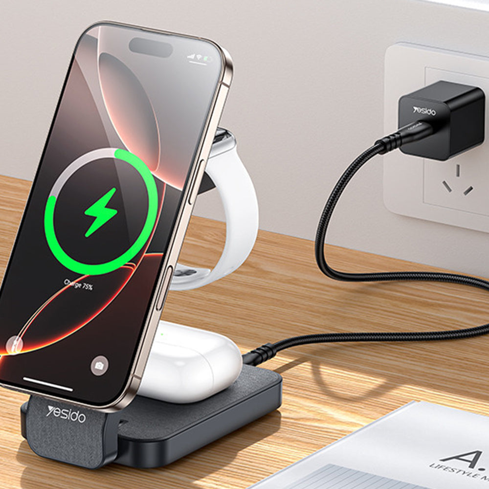Yesido - Wireless Charging Station (DS26) - Magnetic, for Phone, Watch, Earbuds, Foldable, Stand, Night Light, 15W - Gre