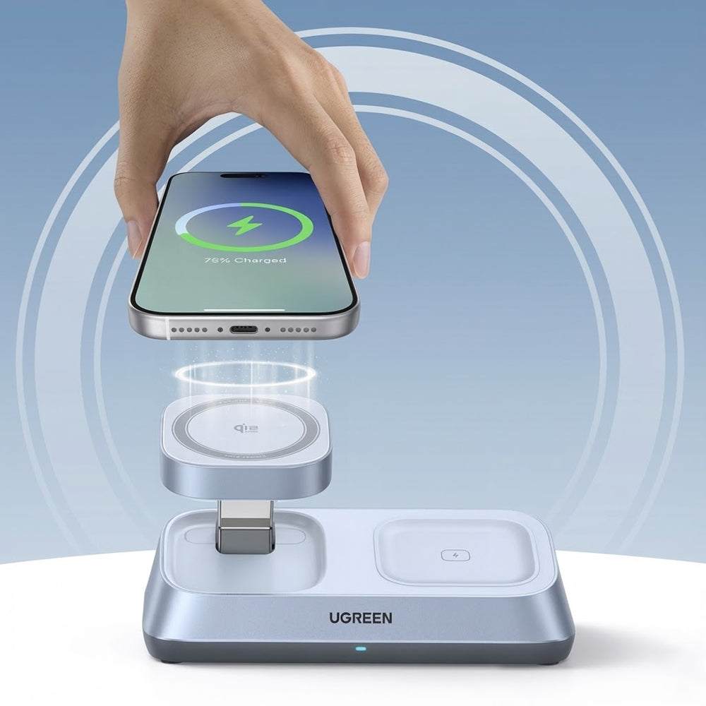 Ugreen - Wireless Charging Station W711 - MagSafe, Fast Charging, Qi2, for iPhone, AirPods, Apple Watch, 25W - Blue