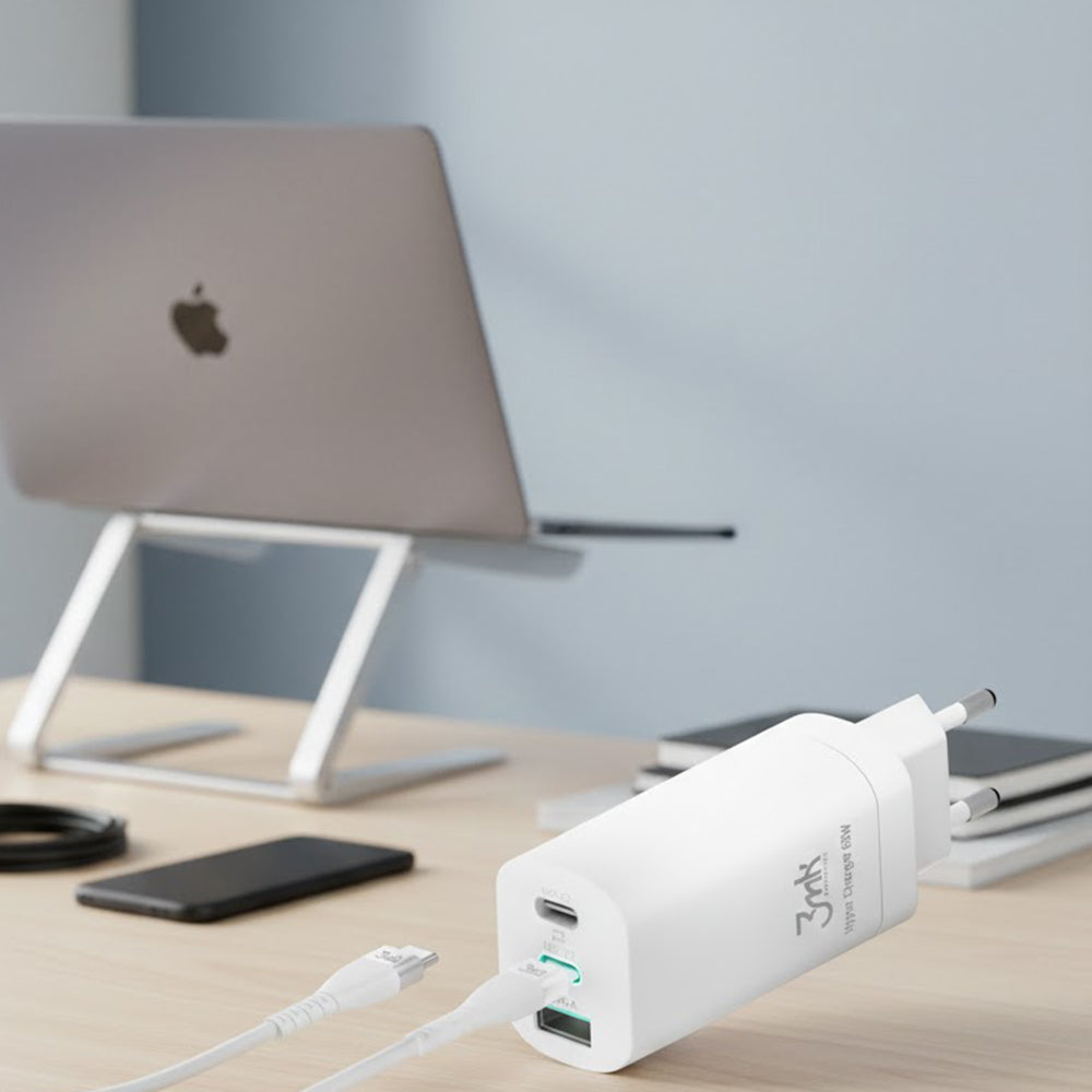 3mk - Wall Charger Hyper - 2x Type-C, 1x USB-A, GaN Technology, Quick Charge, 65W - White