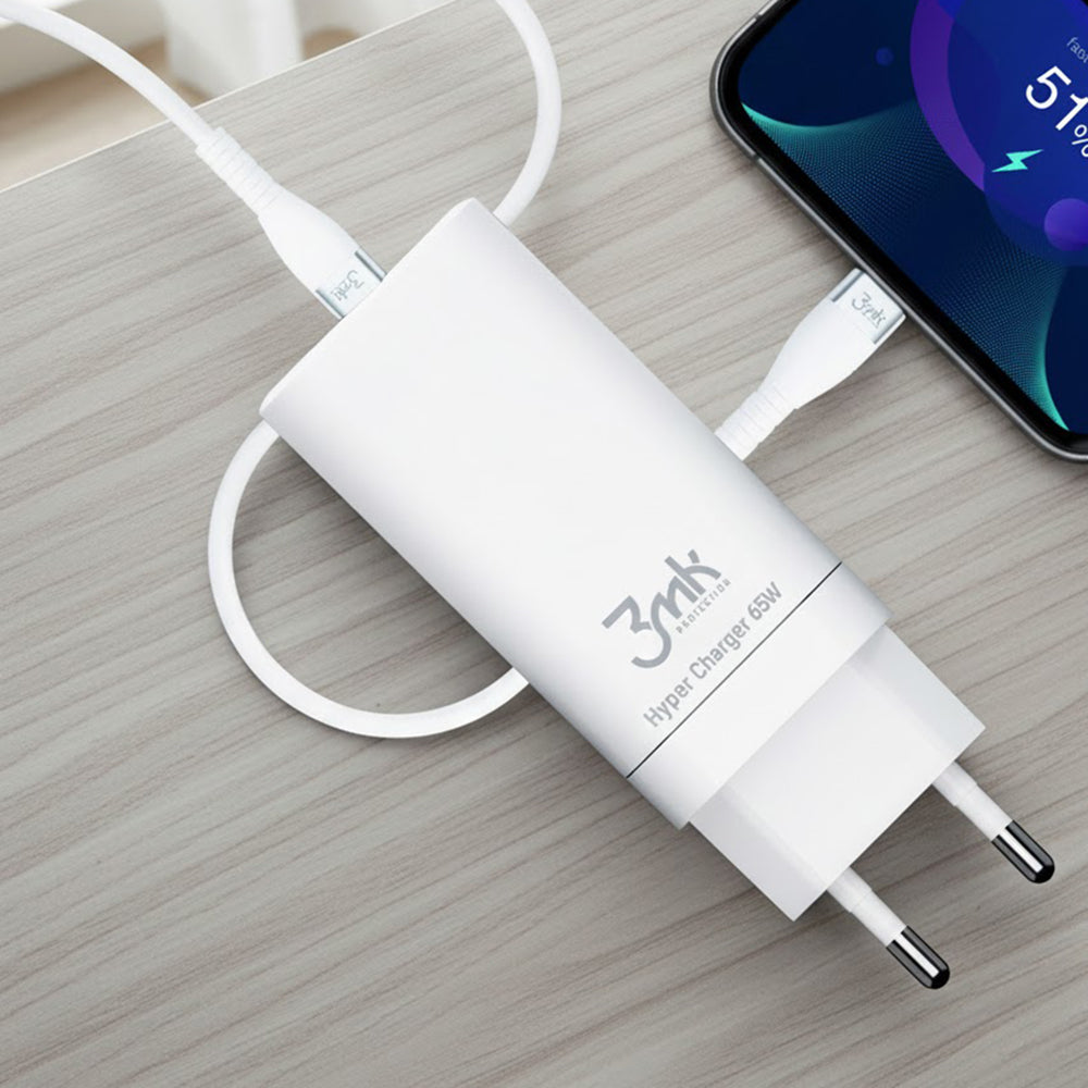 3mk - Wall Charger Hyper - 2x Type-C, 1x USB-A, GaN Technology, Quick Charge, 65W - White