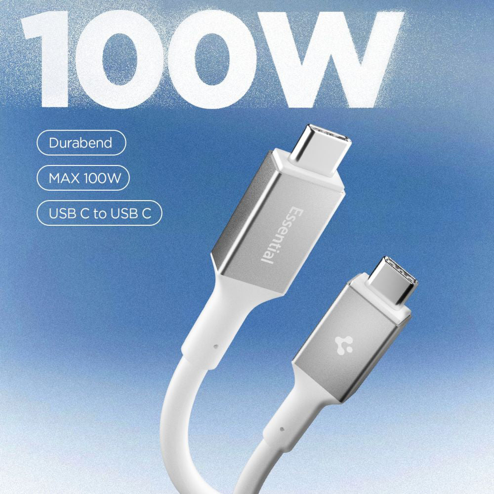 Spigen Cablu Spigen Essential EB10020CC (ACA08775), Fast Charging, Type-C to Type-C, 100W, 5Gbps, E-Marker Chip, 2m, Alb