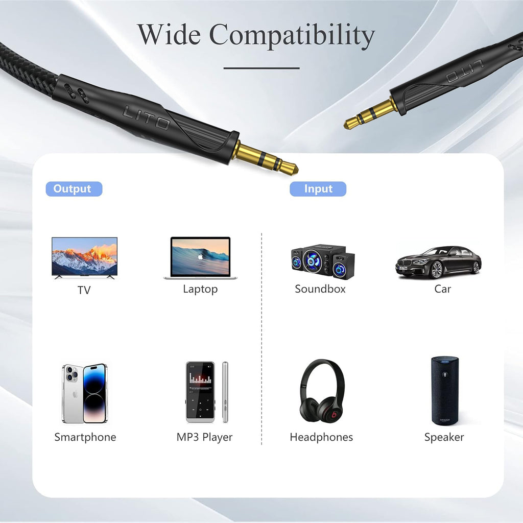 Lito - Audio Cable Adapter (LA02) - Jack to Jack 3.5mm, Zero Signal Loss, Nylon-braided, 1m - Black