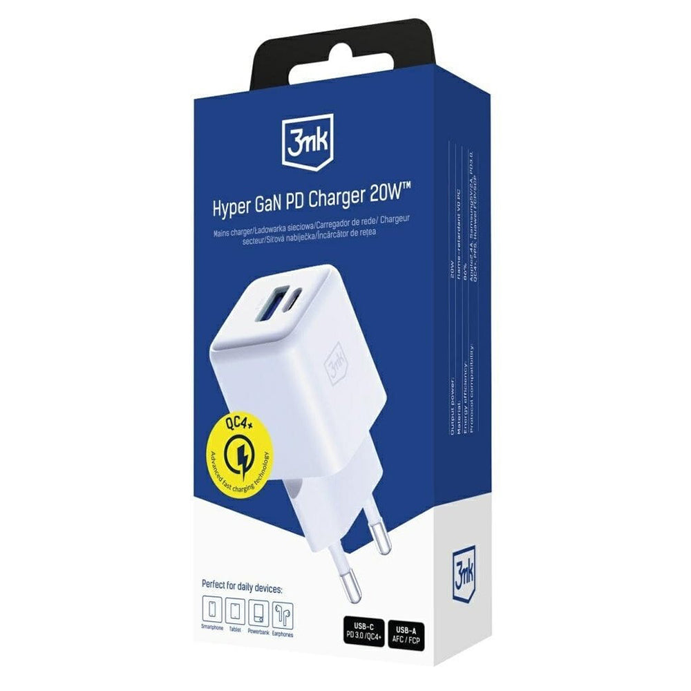 3mk - Wall Charger Hyper - USB-A, USB-C, GaN Technology, QC4 + PD, 20W - White