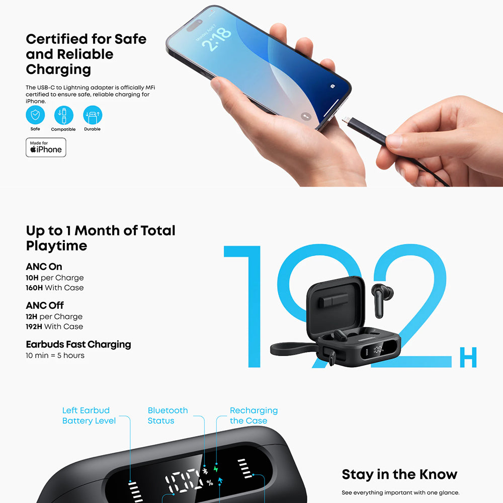 Anker - Wireless Earbuds P41i Ultimate MFI (A3937G12) - Built-in Charger, Lightning Adapter, Stand, ANC, 6 Mics, Bass - 