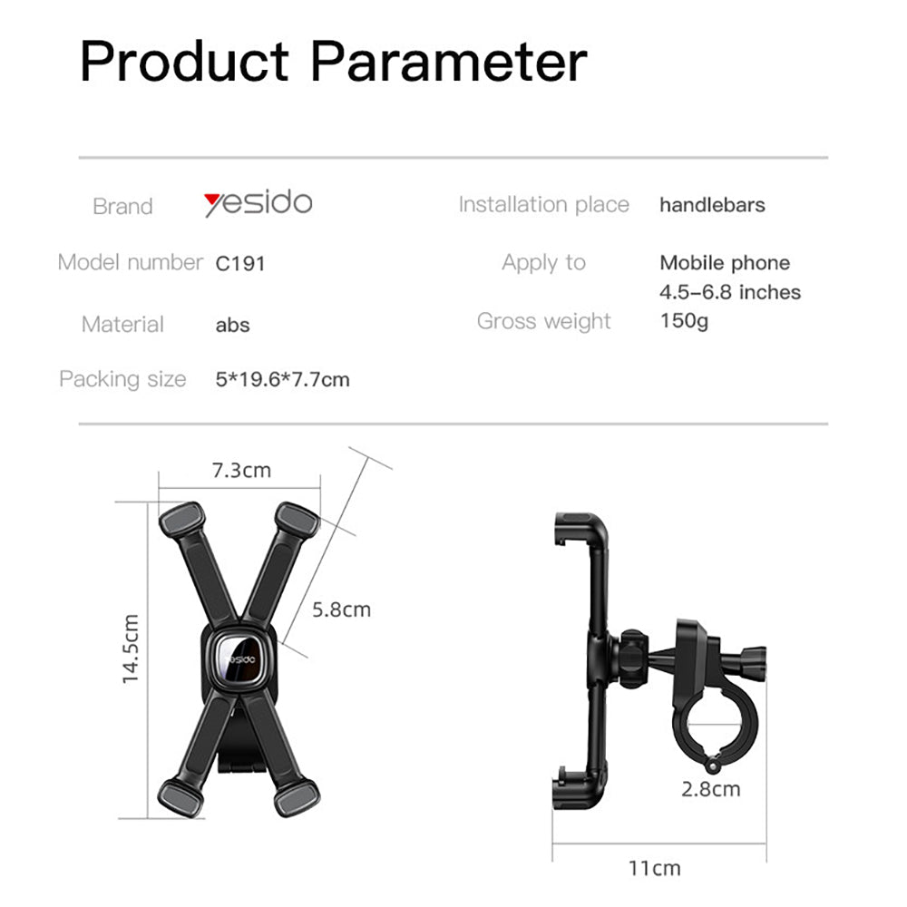 Yesido - Bike Holder (C191) - for Bicycle/Motocycle, Multi-Angle Adjustment, 4.5-6.8" - Black