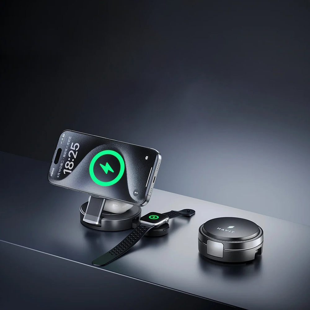Havit - 3in1 Wireless Charging Station (W3100) - for Phone/iWatch/Earbuds, Foldable, 15W - Black
