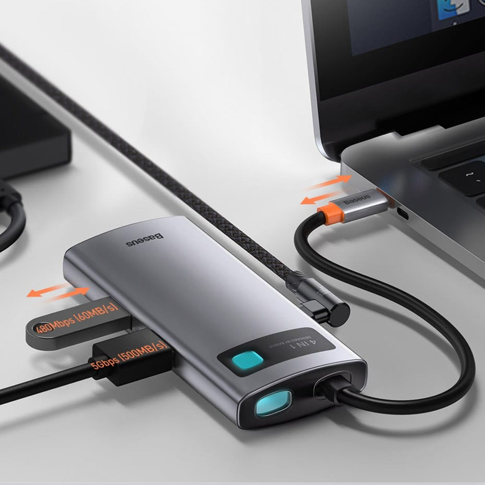 Baseus - Docking Station Metal Glam (CAHUB-CY0G) - Type-C to 2x USB, Type-C, HDMI, 4K@30 Hz, PD100W - Grey