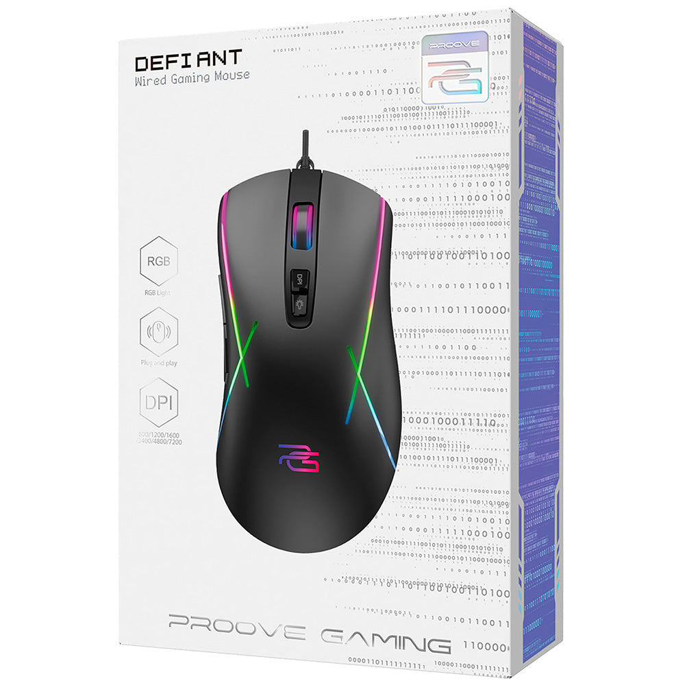 Proove - Wired Mouse Defiant (CMDE00000102) - for Gaming, USB, LED, 7 Buttons, 7200DPI, Windows, MacOS, Linux, 1.5m - Bl