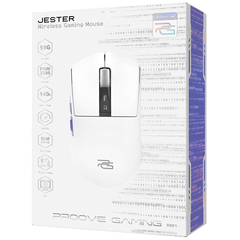 Proove - Wireless Mouse Jester 8K (WMJS00022002) - for Gaming, OLED Display, 7 Buttons, 800-26000DPI, 500mAh, 1.5m - Whi