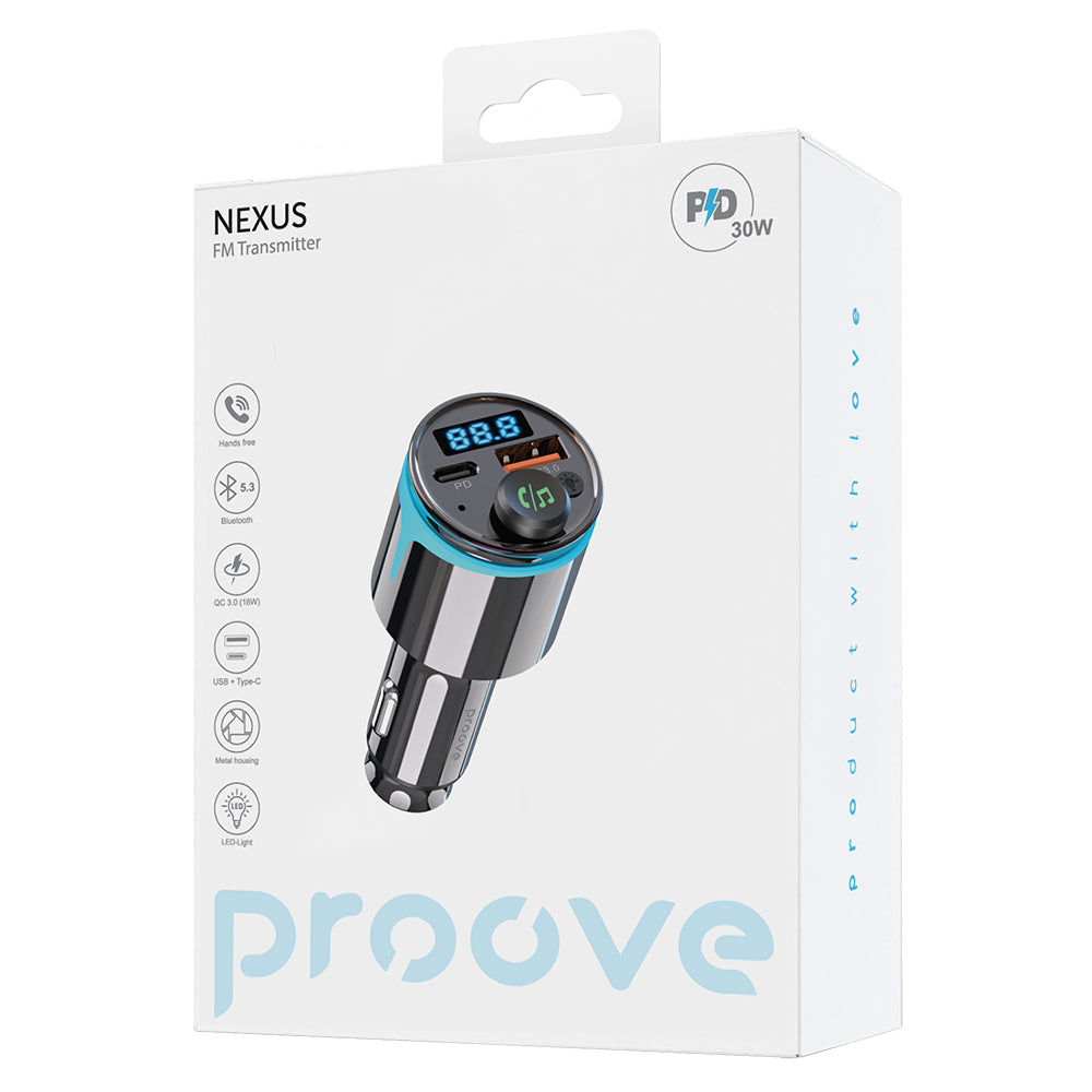 Proove - Car Charger with FM Modulator (FMNX30110001) - USB, Type-C, U-Disk, TF, Bluetooth 5.3, Fast Charge, 30W, LED - 
