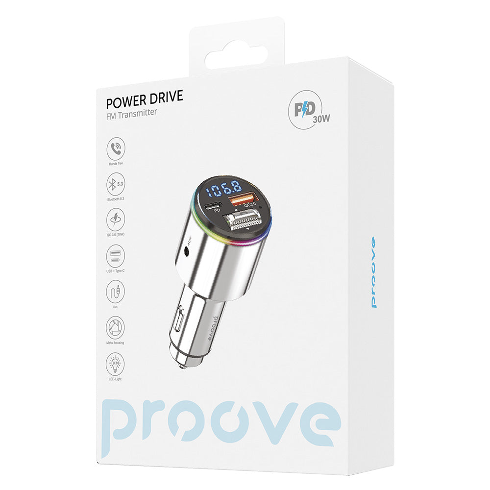 Proove - Car Charger with FM Modulator (FMPD30110006) - USB, Type-C, AUX, Bluetooth 5.3, Fast Charge, 30W, 12-24V - Silv