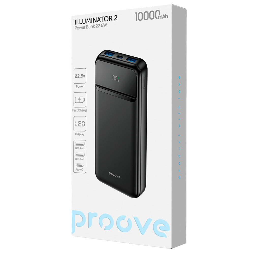 Proove - Power Bank Illuminator 2 (PBIP10212201) - Type-C, 2x USB, with LED Display, Fast Charge, 22.5W, 10000mAh - Blac