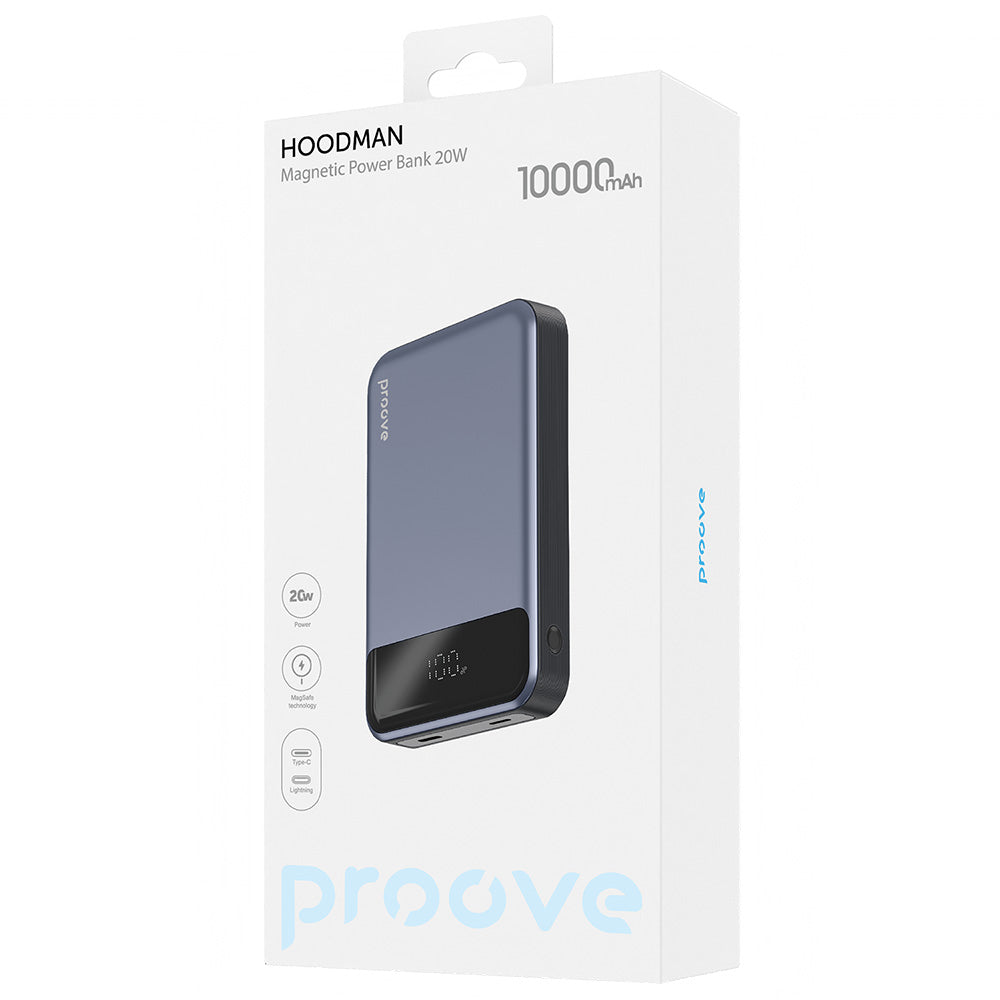 Proove - Power Bank Hoodman (PBH120010003) - Type-C, Lightning, Magnetic, with LED Display, Qi, 20W, 10000mAh - Grey