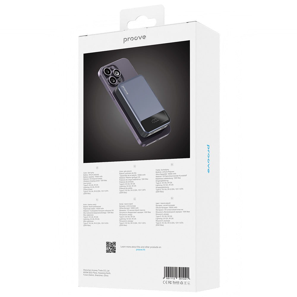 Proove - Power Bank Hoodman (PBH120010003) - Type-C, Lightning, Magnetic, with LED Display, Qi, 20W, 10000mAh - Grey