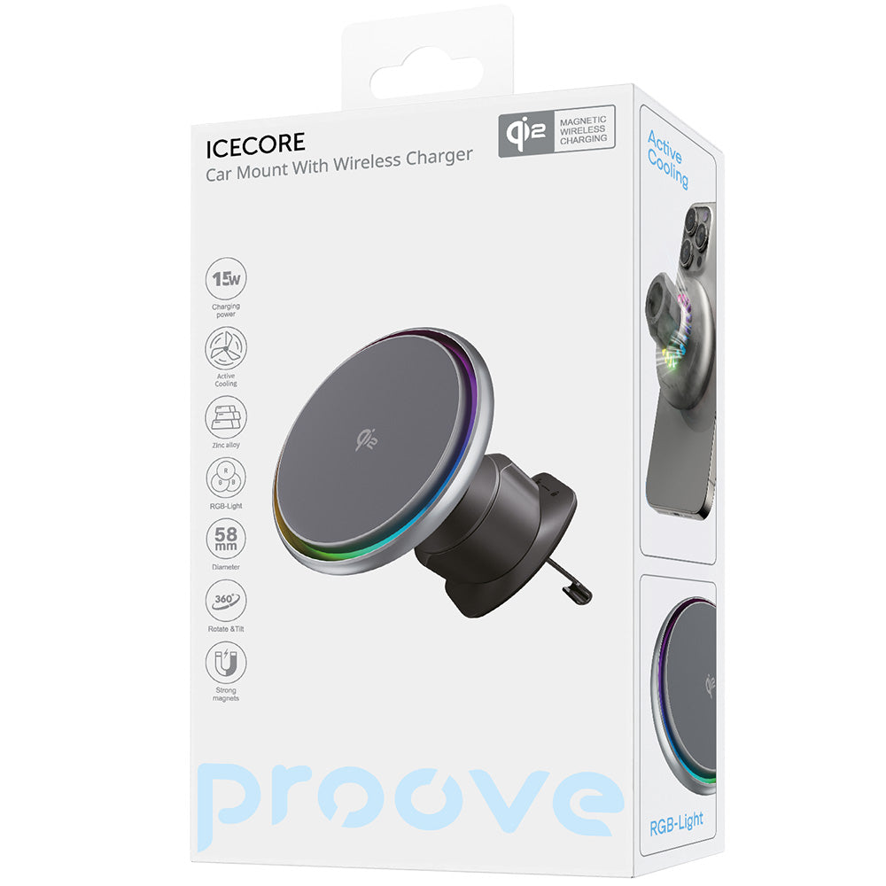 Proove - Car Holder with Wireless Charging Icecore (WHIC15002003) - Air Vent, Strong Magnet, Active Cooling, Qi2 15W - G