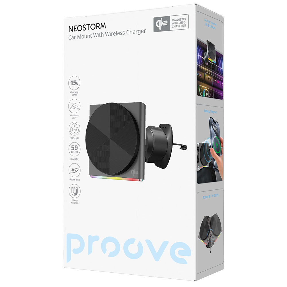 Proove - Car Holder with Wireless Charging Neostorm (WHNS15002003) - for Air Vent, Magnetic, Qi2, 15W, RGB, Aluminum - G