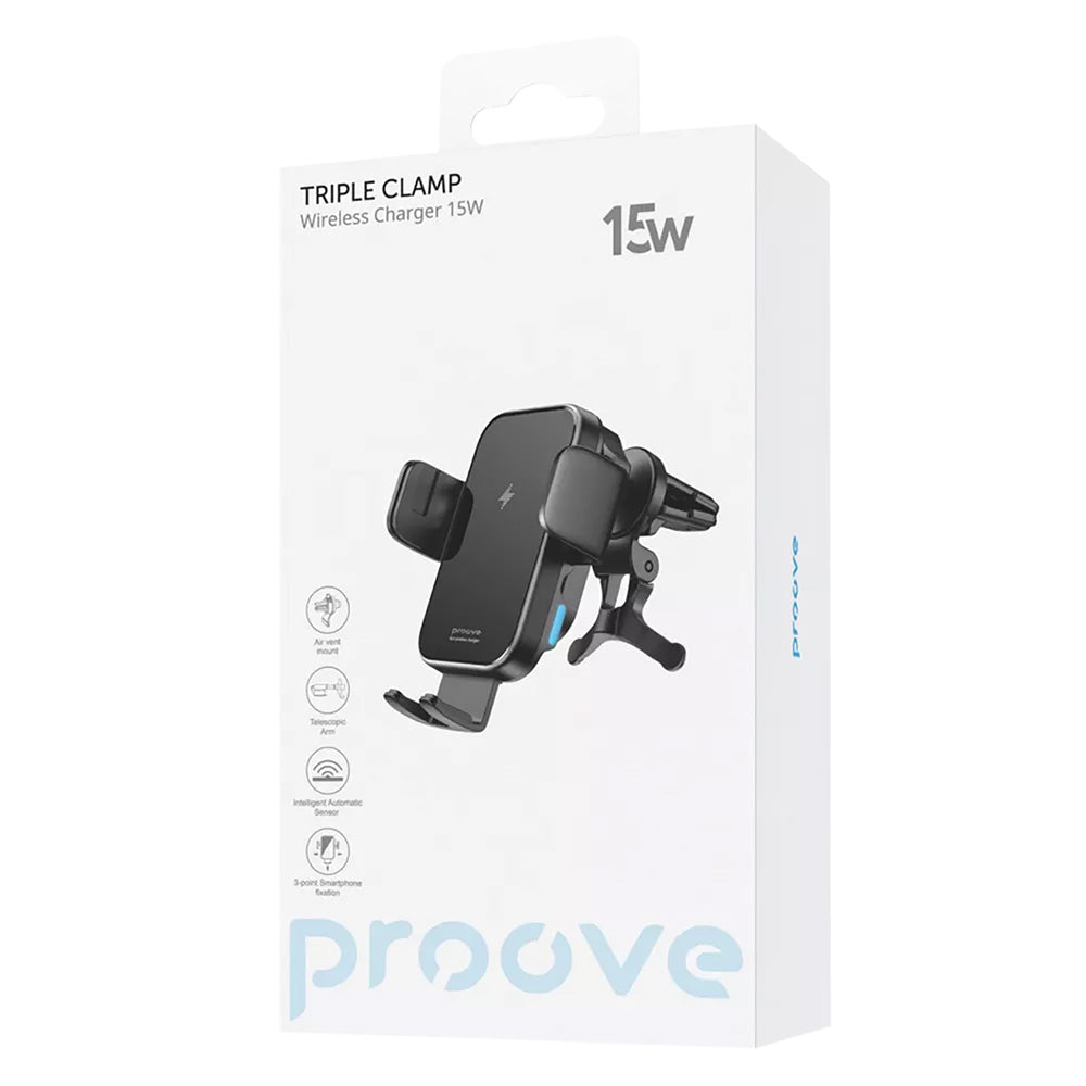 Proove - Car Holder with Wireless Charging Triple Clamp (WHTC15010001) - for Air Vent, Automatic Arms, 15W, 4.0"-6.9" - 