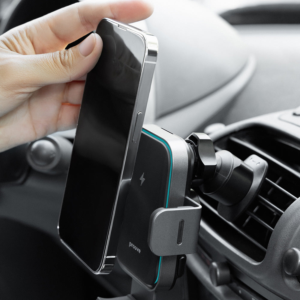 Proove - Car Holder with Wireless Charging Triple Clamp Pro (WHTP15010004) - 2in1 Mount, Automatic, LED, Qi2 15W - Metal