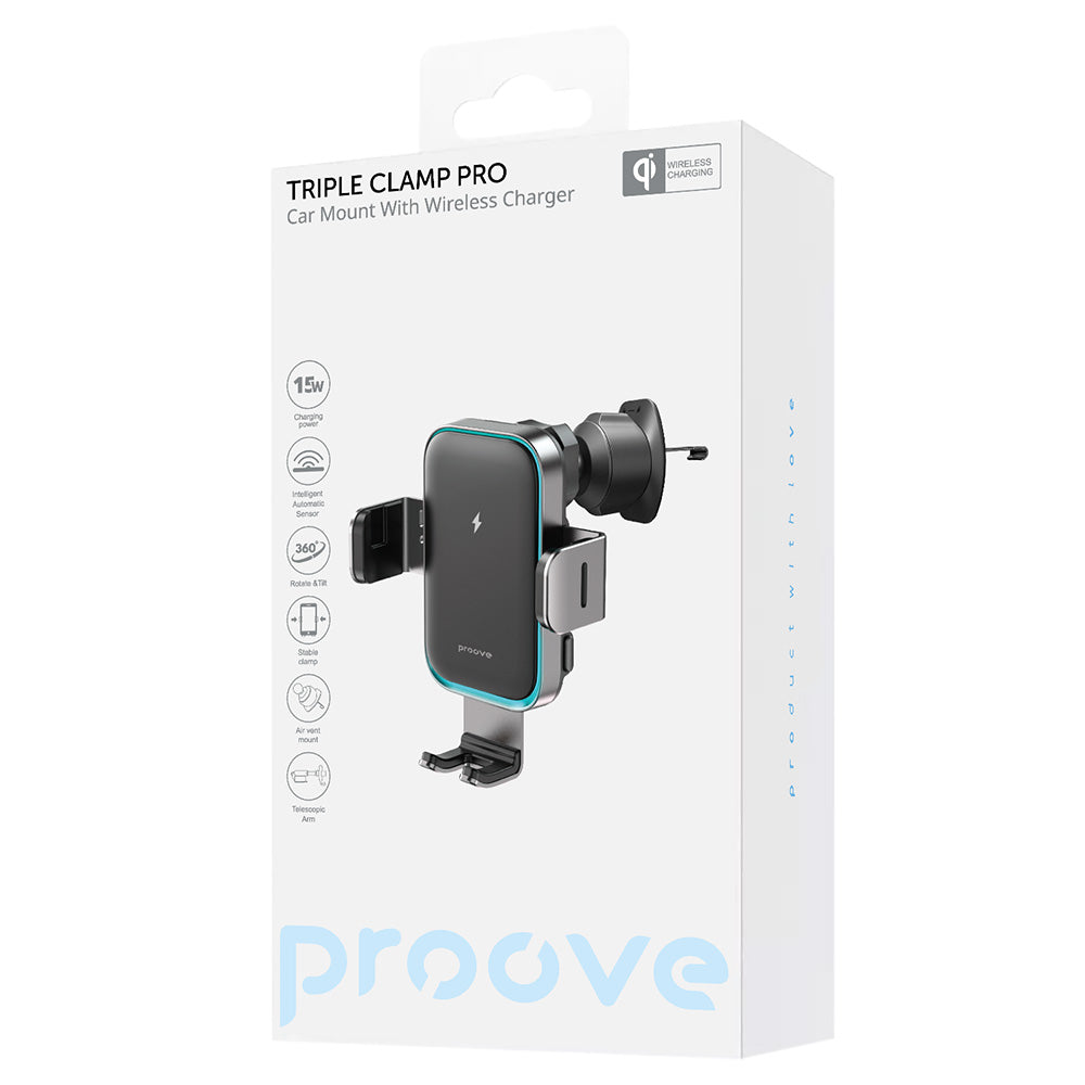 Proove - Car Holder with Wireless Charging Triple Clamp Pro (WHTP15010004) - 2in1 Mount, Automatic, LED, Qi2 15W - Metal