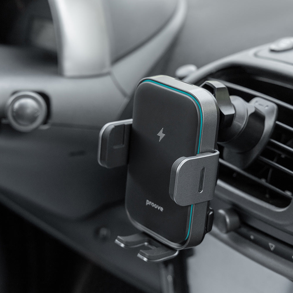 Proove - Car Holder with Wireless Charging Triple Clamp Pro (WHTP15010004) - 2in1 Mount, Automatic, LED, Qi2 15W - Metal