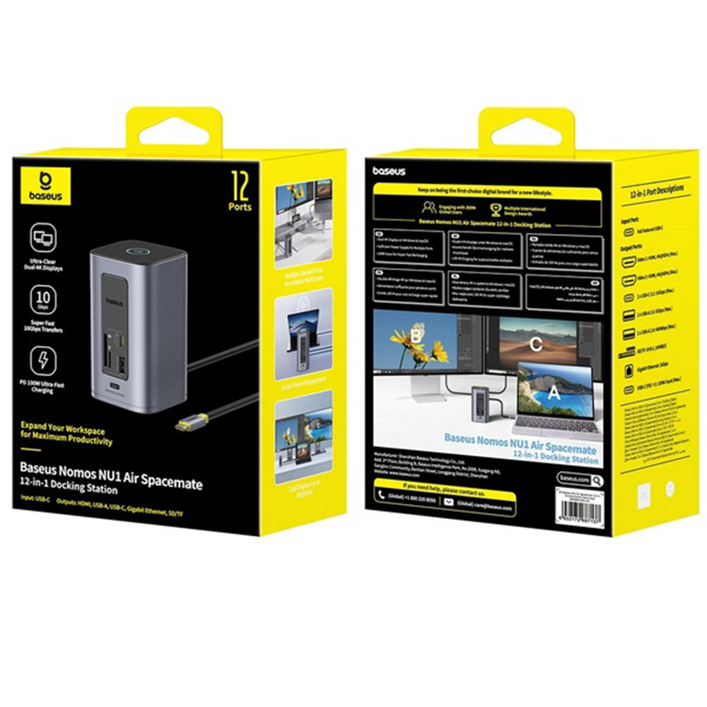 Hub Baseus NU1 Air Spacemate (B00568103813-00), USB-C, 2x HDMI / 3x USB-C / 4x USB / RJ45 / SD-TF, Gri