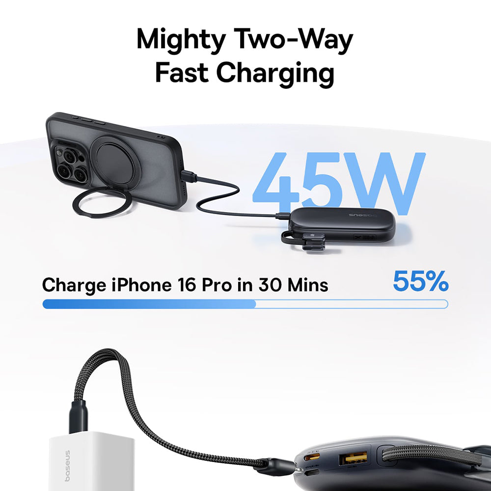 Baseus - Power Bank EnerFill FC21 Qpow 3 Ultra (E0027Q03) - with Detachable Cable, 10000mAh, 45W, USB, USB-C - Galaxy Bl
