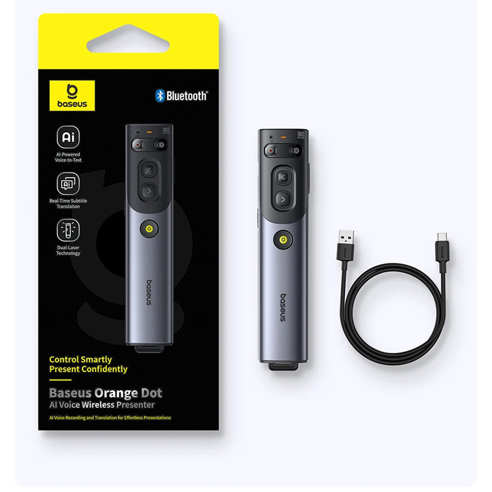 Baseus - Orange Dot Wireless Presenter (B00231700811-00) - AI Voice Recognition, Dual-Mode Connection - Gray