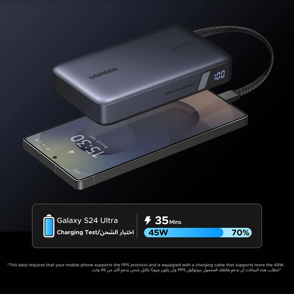 Ugreen Baterie externa Ugreen PB550 (55996B), Fast Charging, Digital Display, USB, Type-C, Built-in USB-C Cable, 67W, 20