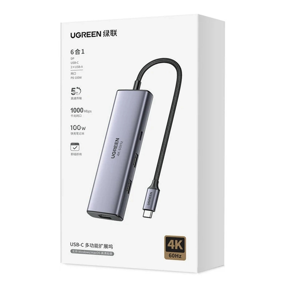 Ugreen - Docking Station 6in1 CM512 (75643) - USB-C to Type-C PD3.0 100W, 2x USB, RJ45, Display Port 4K@60Hz, 5Gbps - Gr