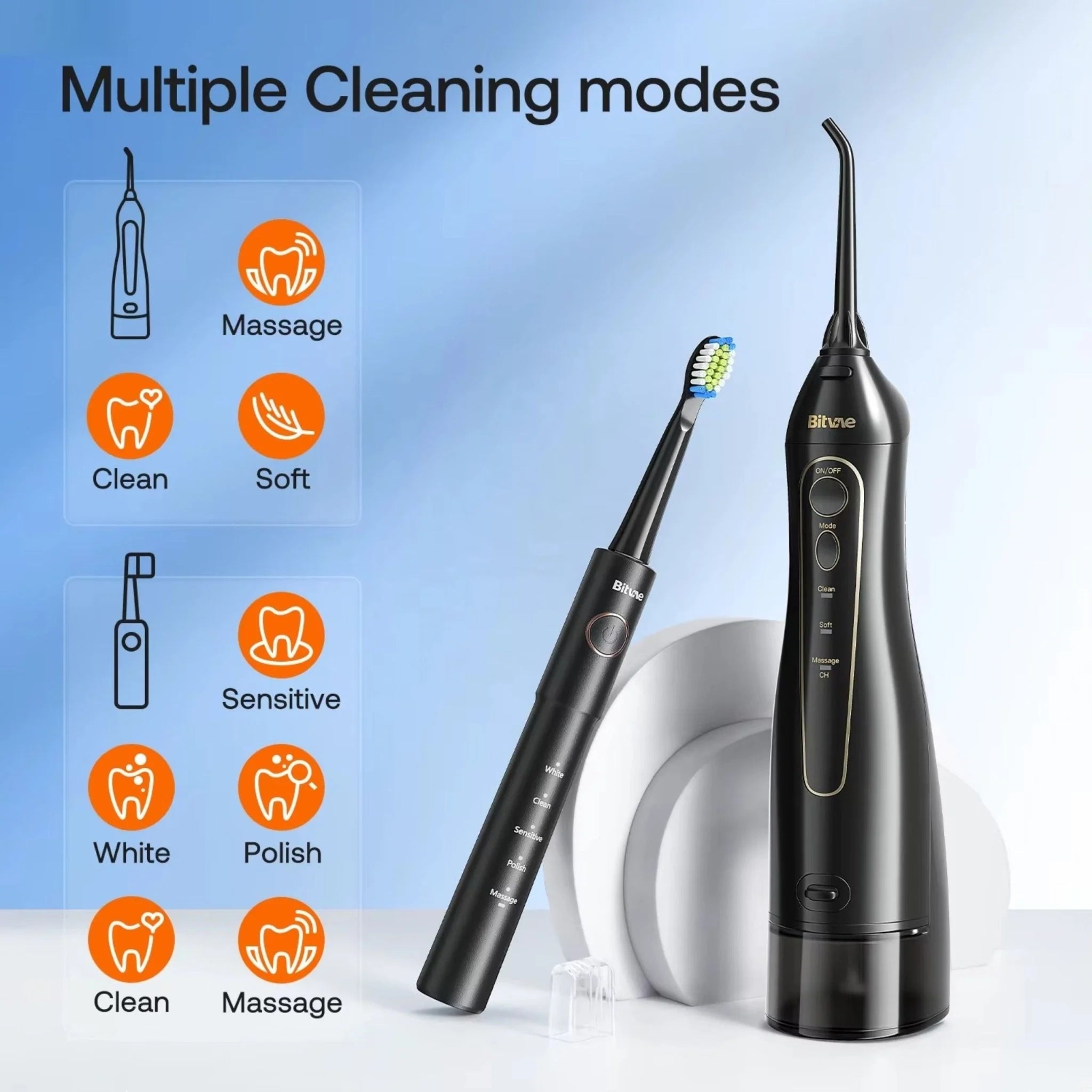 Bitvae - Electric Toothbrush (E11) + Water Flosser (F5020E) - Ultrasonic, 2x4 Heads, 5 Brush Modes, 3 Irrigate Modes - B