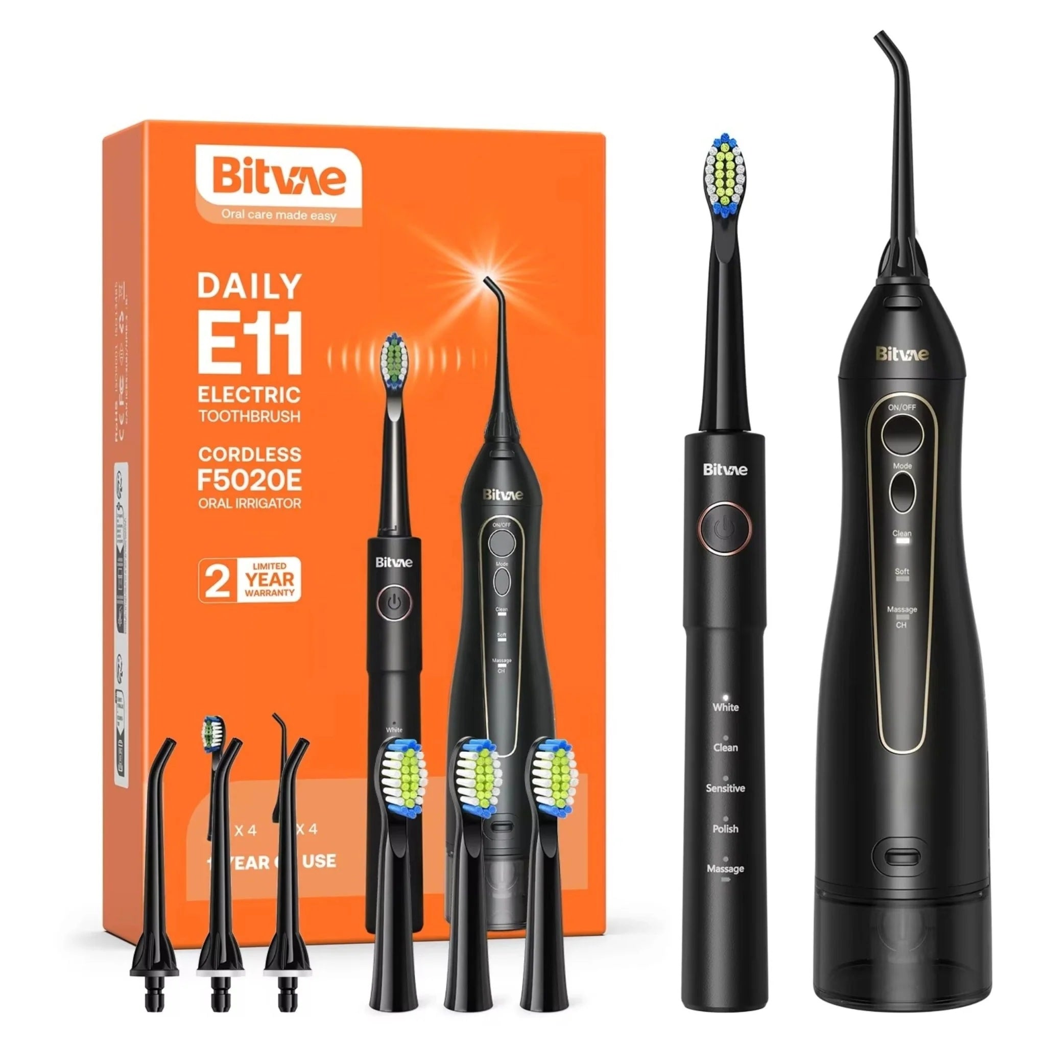 Bitvae - Electric Toothbrush (E11) + Water Flosser (F5020E) - Ultrasonic, 2x4 Heads, 5 Brush Modes, 3 Irrigate Modes - B