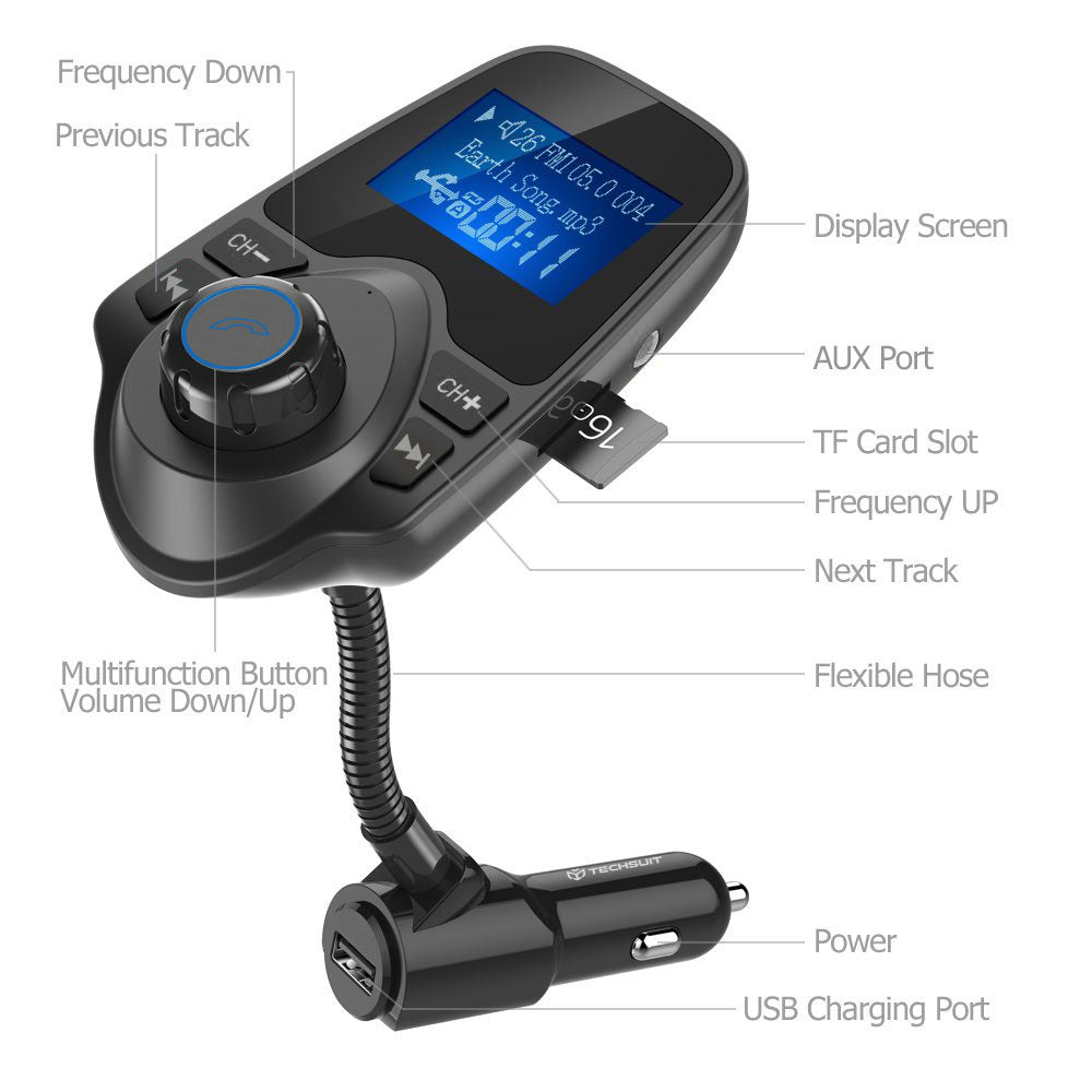 Techsuit - FM Modulator JamLink (MFM4) - Bluetooth, Jack 3.5mm, TF Card, 10–24V - Black
