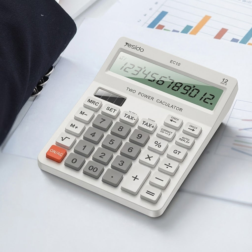 Yesido - Desk Calculator (EC10) - LCD Display, Ergonomic Design, Solar and Battery Power Source, MAx 12 Digits of Number