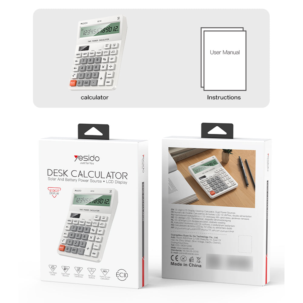 Yesido - Desk Calculator (EC10) - LCD Display, Ergonomic Design, Solar and Battery Power Source, MAx 12 Digits of Number