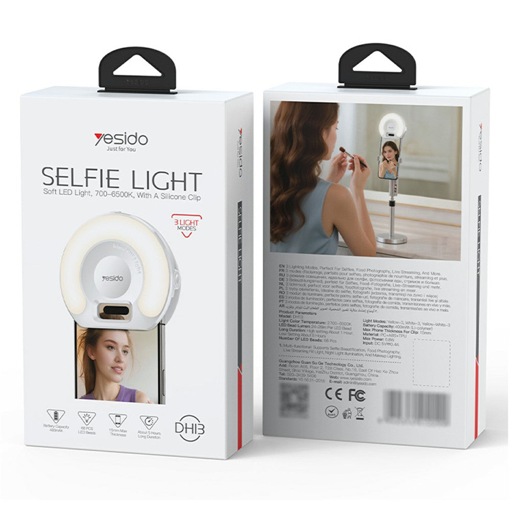 Yesido - LED Selfie Light with Phone Clip (DH13) - 400mAh, 6.8W, 3 Lights Mode - White