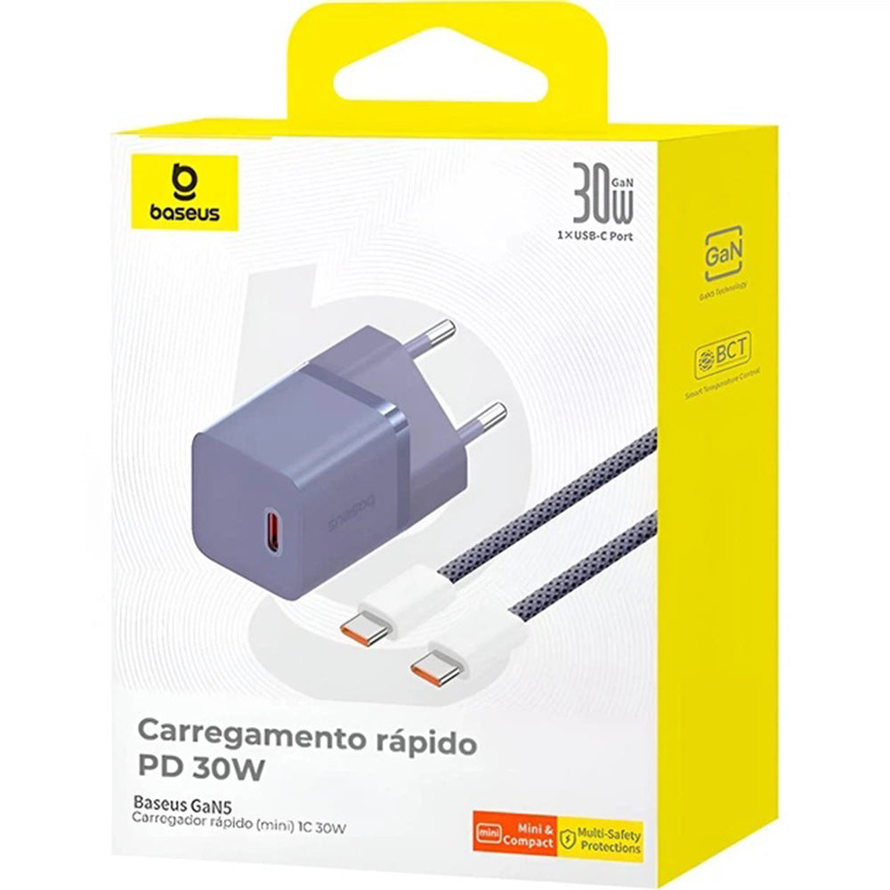 Baseus - Wall Charger (P10110902523-00) - Type-C Cable Included, GaN, Type-C, Fast Charging, 30W, 1m - Midnight Purple