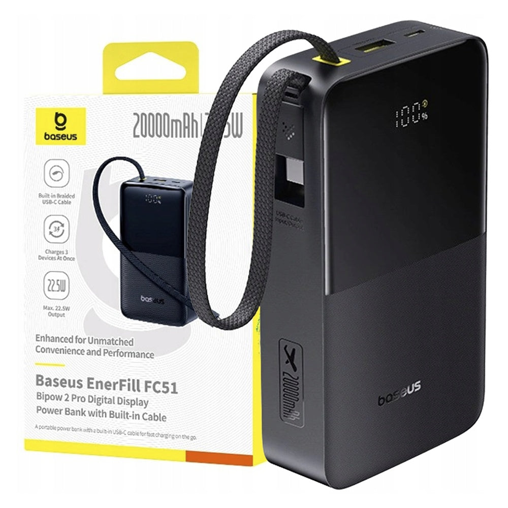 Baseus - Power Bank EnerFill Bipow2 Pro (E0027701) - Built-in USB-C Cable, 20000mAh, 22.5W, Digital Display - Cosmic Bla