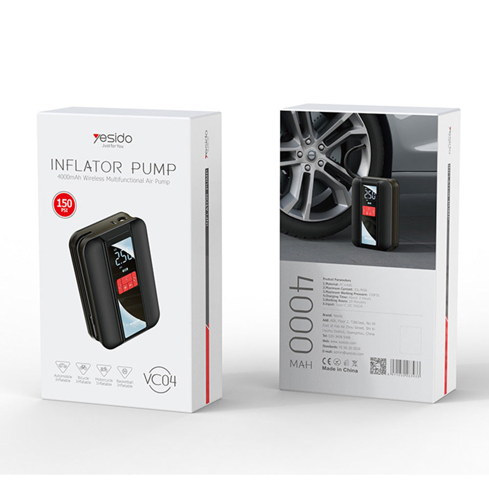 Yesido - Car Compressor (VC04) - 4000mAh, 3 - 150PSI, LCD Screen, Type-C - Black