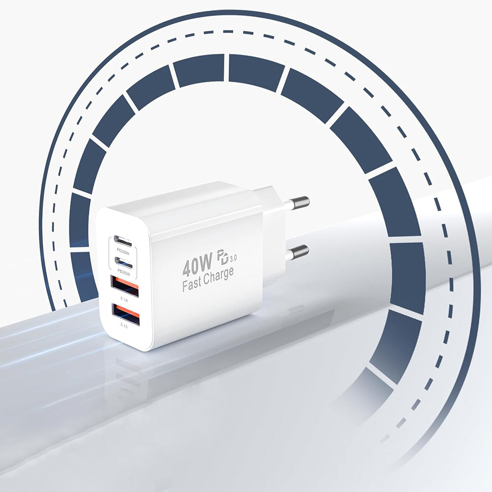 Techsuit - Premium Wall Charger PowerXQuad (CH4) - 2x PD20W Type-C, 2x USB 3.1A, Super Fast Charge Travel Adapter 40W - 